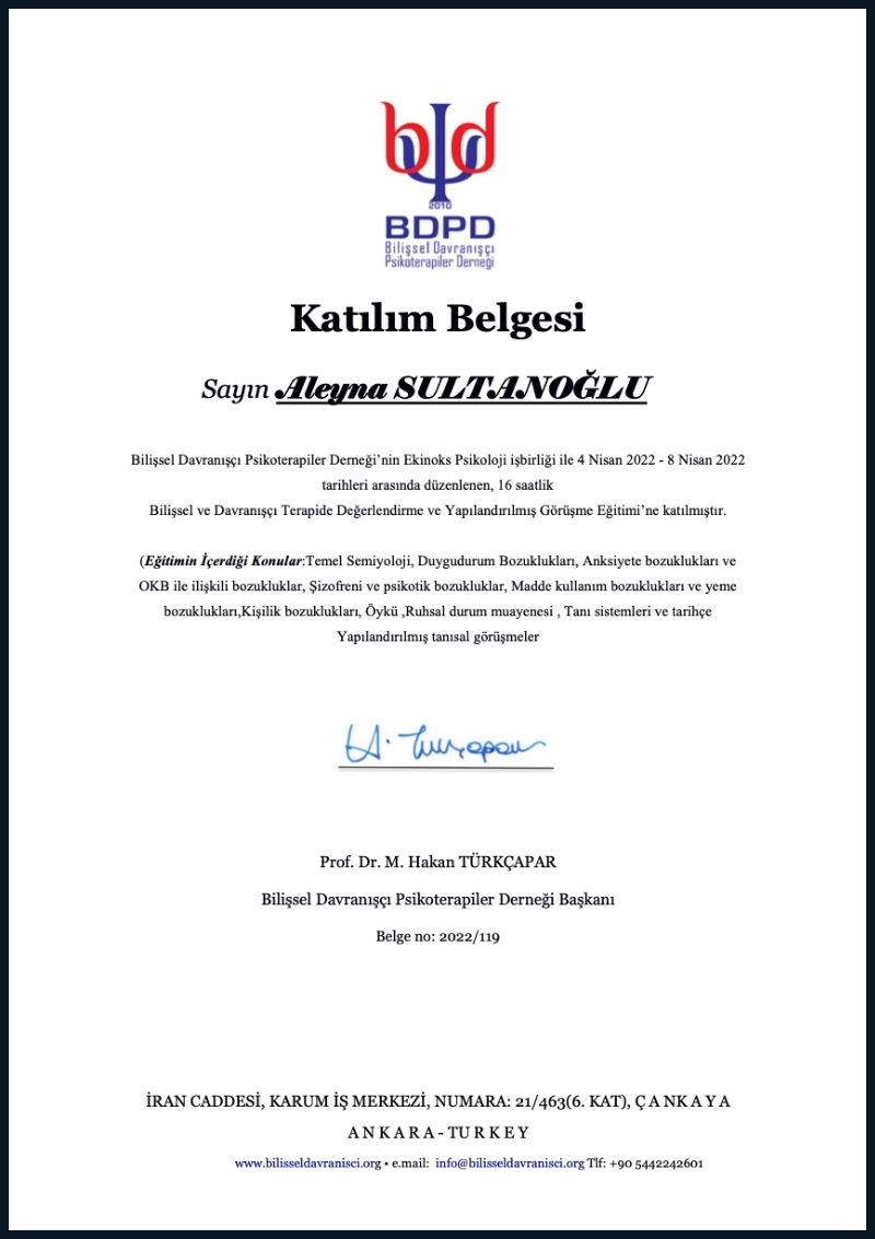Klinik Psikolog Aleyna Sultanoğlu Bilişsel Davranışçı Psikoterapi Değerlendirme ve Tanı Eğitimi Sertifikası